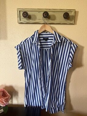 J. Crew Blue and White Vertical Stripe Short-Sleeve Button-Down Shirt